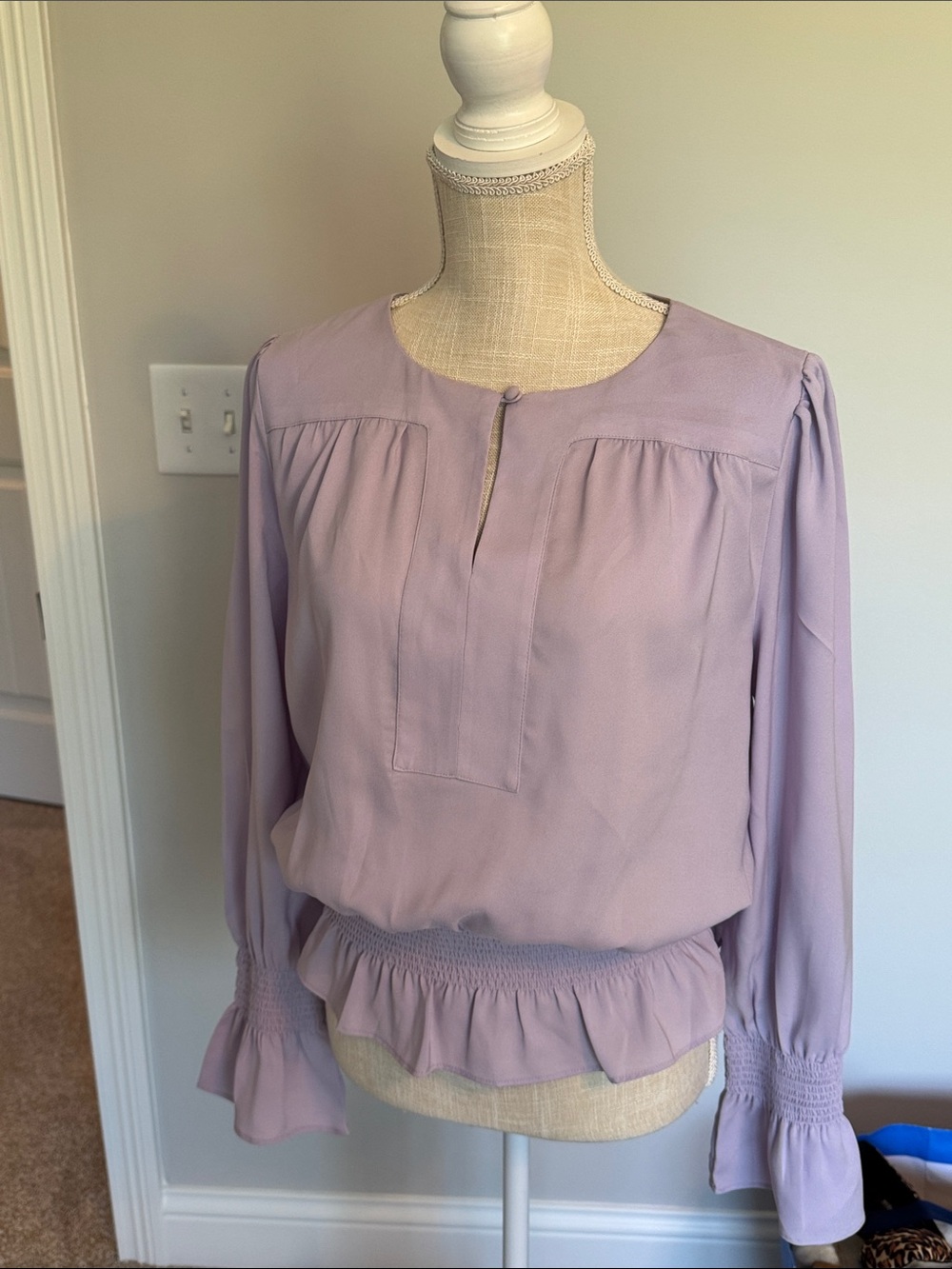 Ann Taylor Lavender Long-Sleeve Blouse with Smocked Waist